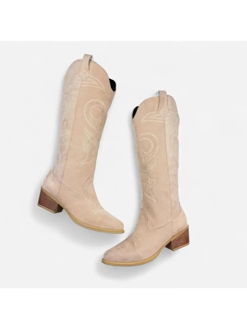 Cream Vegan Chocolate Suede Embroidered Western Cowboy Boots in Cream